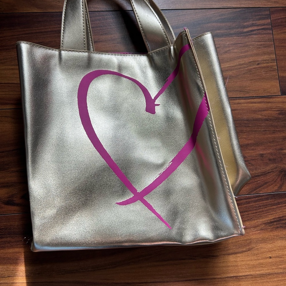 Victoria's Secret Metallic Gold Vintage Bag with Heart Satin interior
